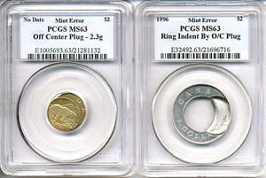 image for: Canada Errors: (2) Errors: 1996 $2 PCGS MS63 Ring Indent by off-center plug & Undated $2 off-center Plug (not necessarily the same coin)