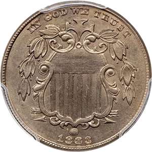 image for: 1883/2 Shield 5c PCGS/CAC AU58
