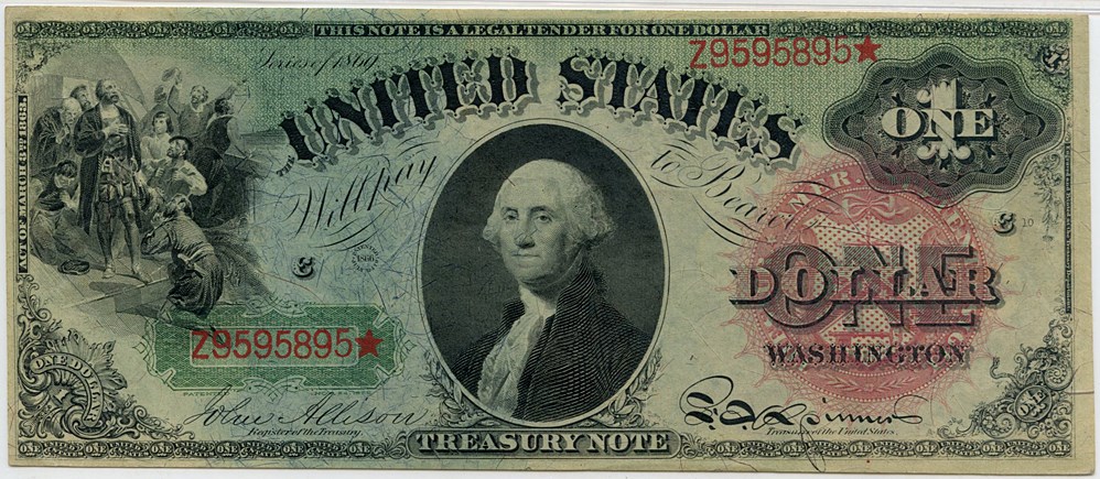 image for: FR. 18 1869 $1 Legal Tender PMG About Unc 55 EPQ [Z9595895]