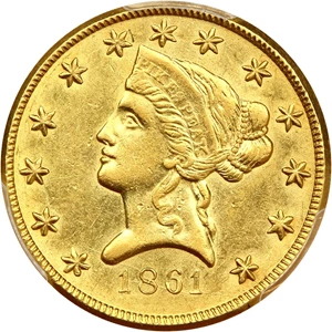 image for: 1861 Clark Gruber $10 PCGS AU55