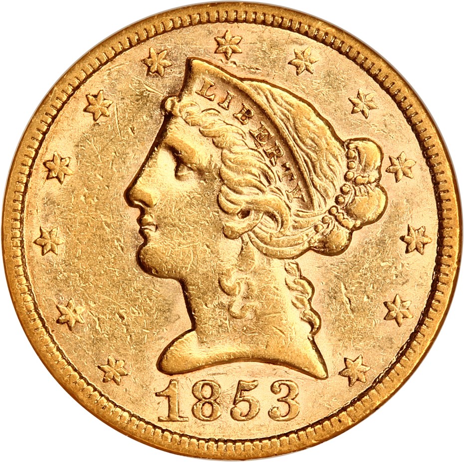 image for: 1853 $5 NGC AU50 (OH)