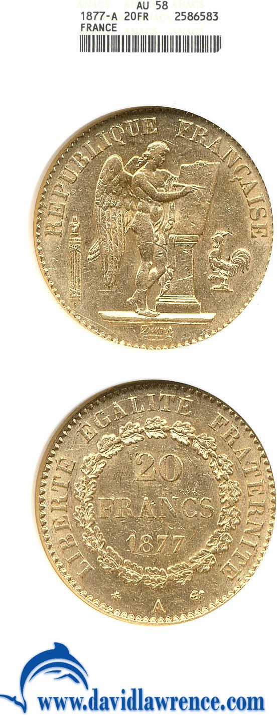 image for: France: 1877-A 20 Fr  ANACS AU58   