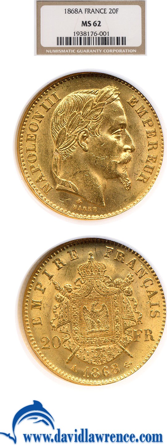 image for: France: 1868-A 20 Fr  NGC MS62  (KM-801.1)