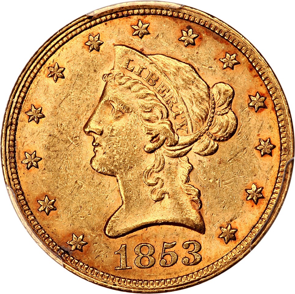 image for: 1853 $10 PCGS AU55