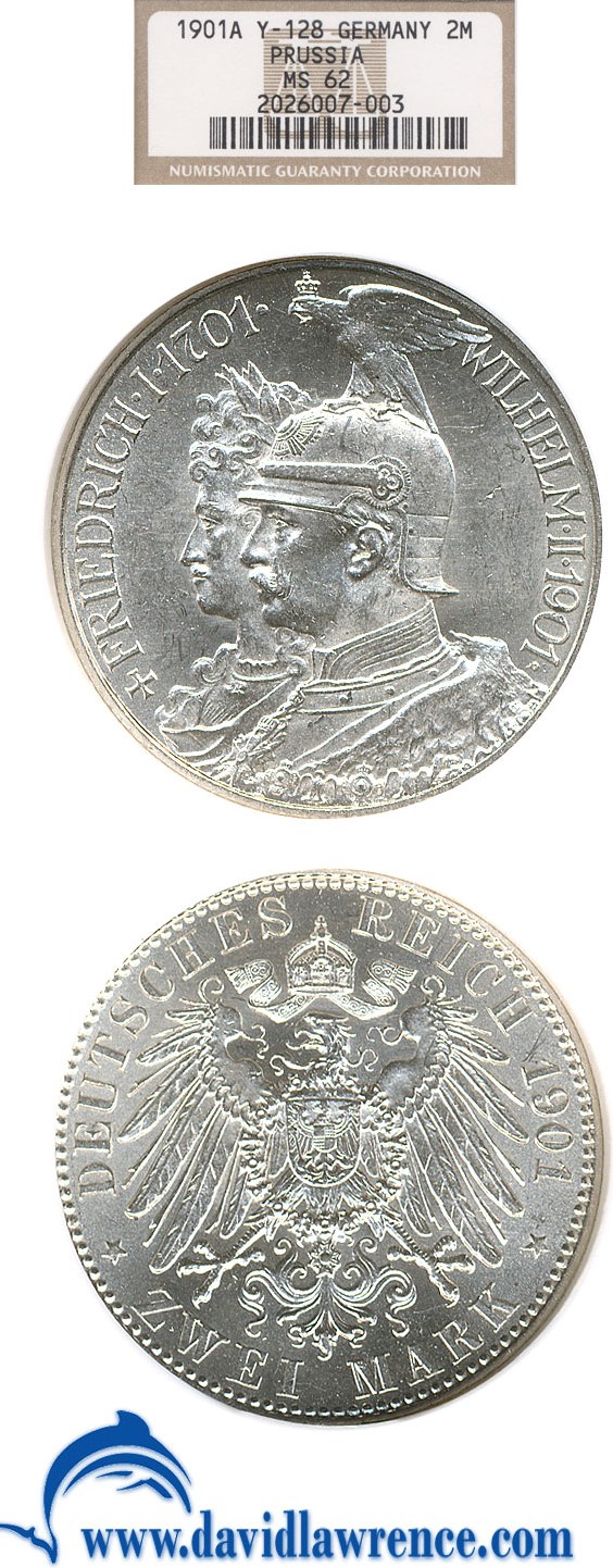 image for: Prussia: 1901-A 2M NGC MS62 (Y-128) 