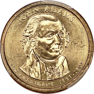 image for: Mint Error: 2007-P John Adams $1 PCGS MS65 (Missing Edge Lettering)