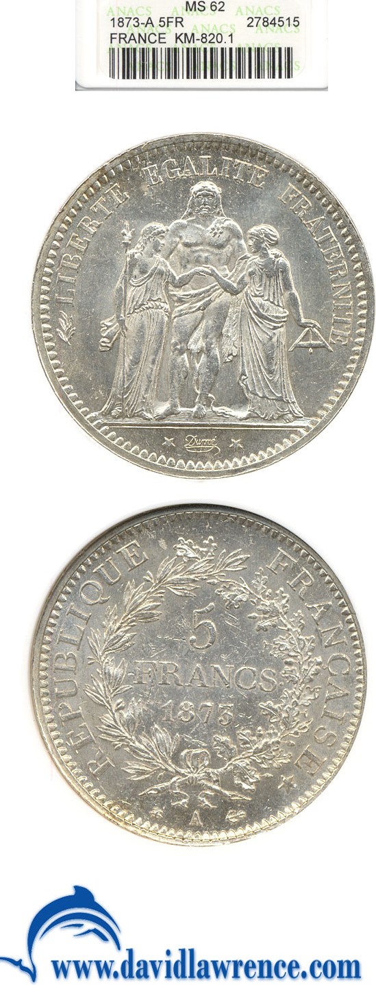 image for: France: 1873-A 5 Fr  ANACS VF20   