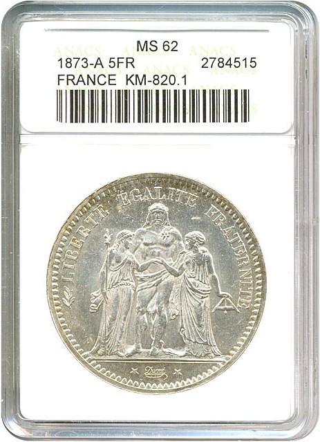 image for: France: 1873-A 5 Fr  ANACS VF20   