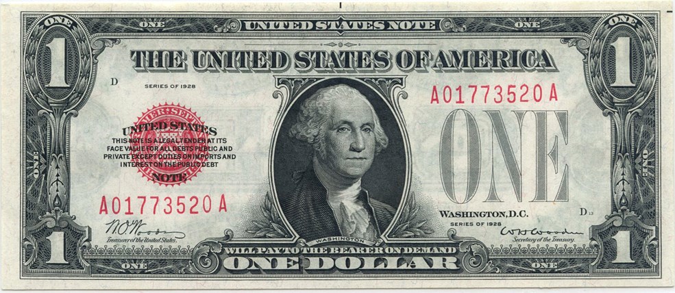 image for: FR. 1500 1928 $1 Legal Tender PCGS Gem New 66 PPQ [A01773520A]