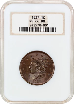 image for: 1837 1c NGC MS66 BN (Head of 1838, OH) ex: D.L. Hansen