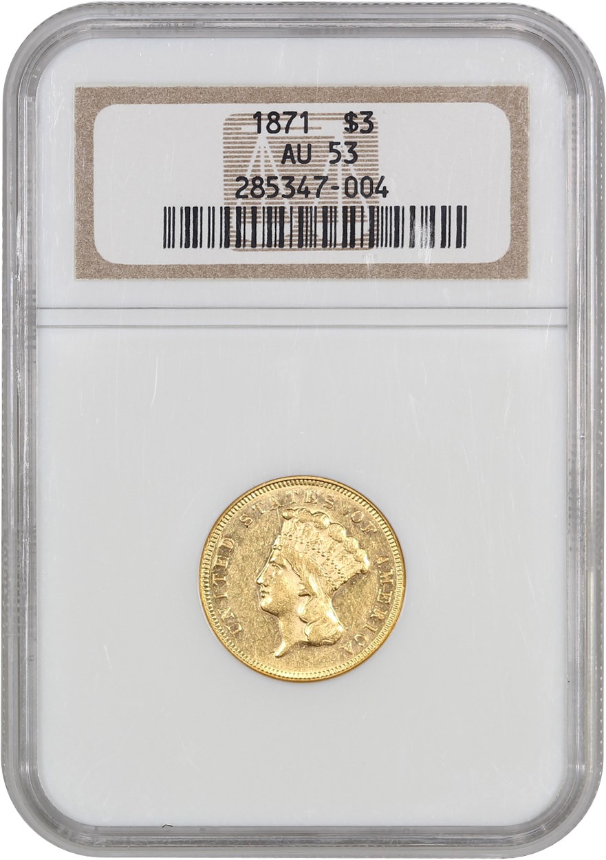 image for: 1871 $3 NGC AU53 (OH)