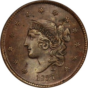 image for: 1837 1c NGC MS66 BN (Head of 1838, OH) ex: D.L. Hansen