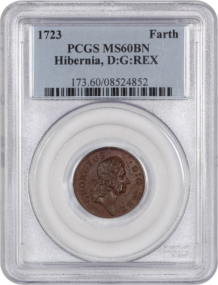 image for: 1723 Hibernia Farthing PCGS MS60 BN (D:G:REX)