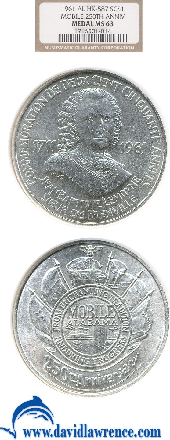 image for: 1961 AL SC$1 Mobile 250th Anniv Medal (HK-587) NGC MS63 
