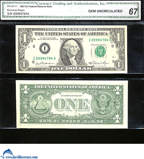 image for: Fr.1911I 1981 $1  CGA Gem CU67  [I09984784A]