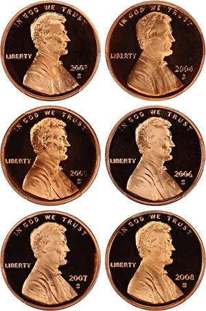 image for: 2003-2008-S Lot of 6 Lincoln Proof 1c PCGS Proof 69 RD DCAM (6 Coins)