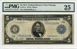 image for: FR. 871a 1914 Blue Seal $5 Federal Reserve Note Chicago PMG Very Fine 25
