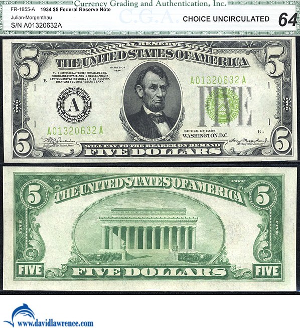 image for: Fr.1955A 1934 $5 Light Green Seal CGA Choice CU64  [A01320632A]