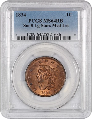 image for: 1834 1c PCGS MS64 RB (Small 8, Large Stars, Medium Letters)
