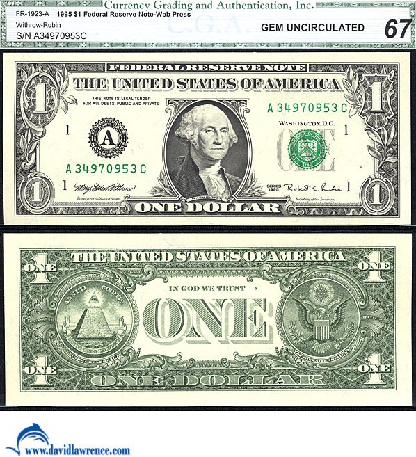 image for: Fr.1923A 1995 $1 Web press. Washington, DC CGA Gem CU67  [A34970953C]