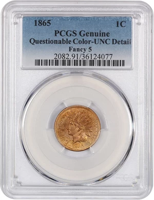 image for: 1865 1c PCGS UNC Details (Fancy 5, Questionable Color)