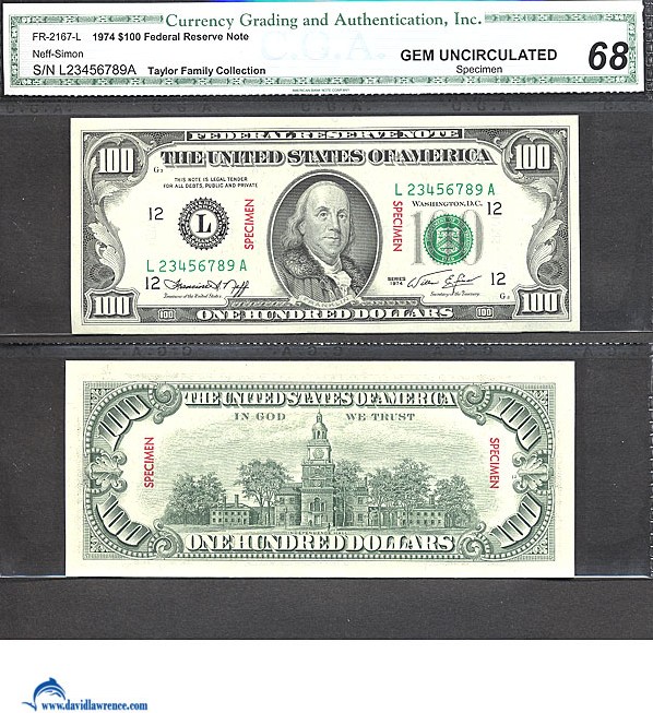 image for: Fr.2167L 1974 $100  CGA Gem CU68  [L23456789A] *Specimen*