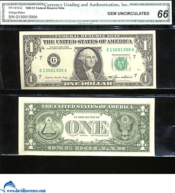 image for: Fr.1913G 1985 $1  CGA Gem CU66  [G13001300A] *Fancy Serial* 