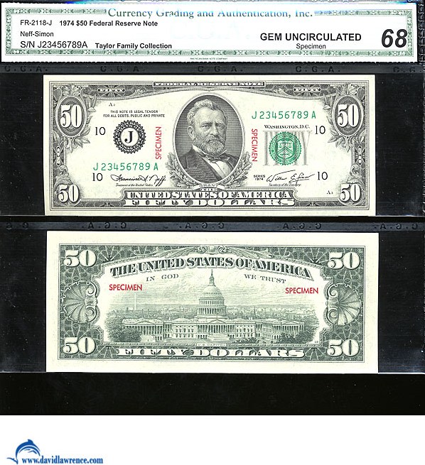 image for: Fr.2118J 1974 $50  CGA Gem CU68  [J23456789A] *Specimen*
