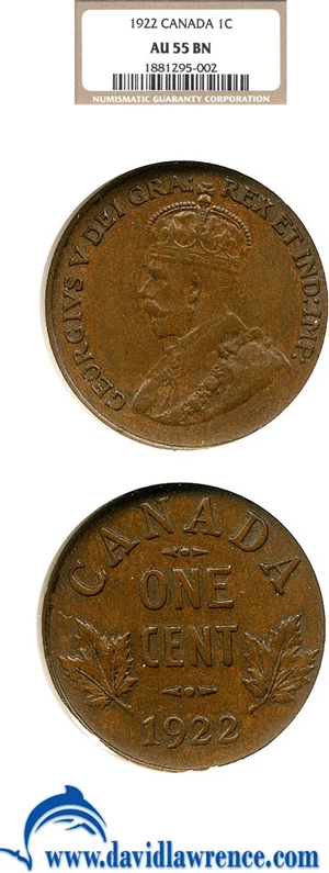 image for: Canada: 1922 1c NGC AU55 BN