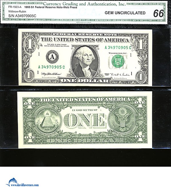 image for: Fr.1923A 1995 $1 Web press. Washington, DC CGA Gem CU66  [A34970905C]