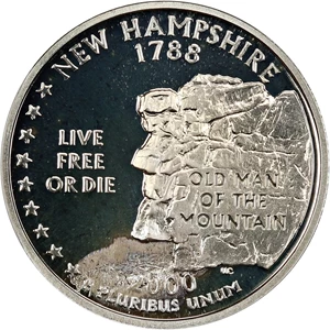 image for: Mint Error: 2000-S New Hampshire 25c ICG Proof 69 DCAM (Silver, Reverse Struck Through, Grease)