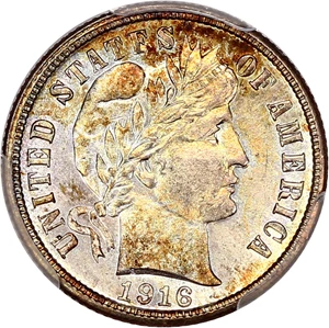 image for: 1916-S Barber 10c PCGS MS67