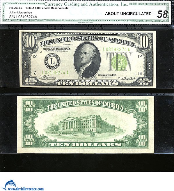 image for: Fr.2004L 1934 $10 Light Green Seal CGA AU58  [L08196274A]
