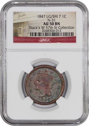 image for: 1847/7 1c NGC AU50 BN (Large/Small 7, N-31)
