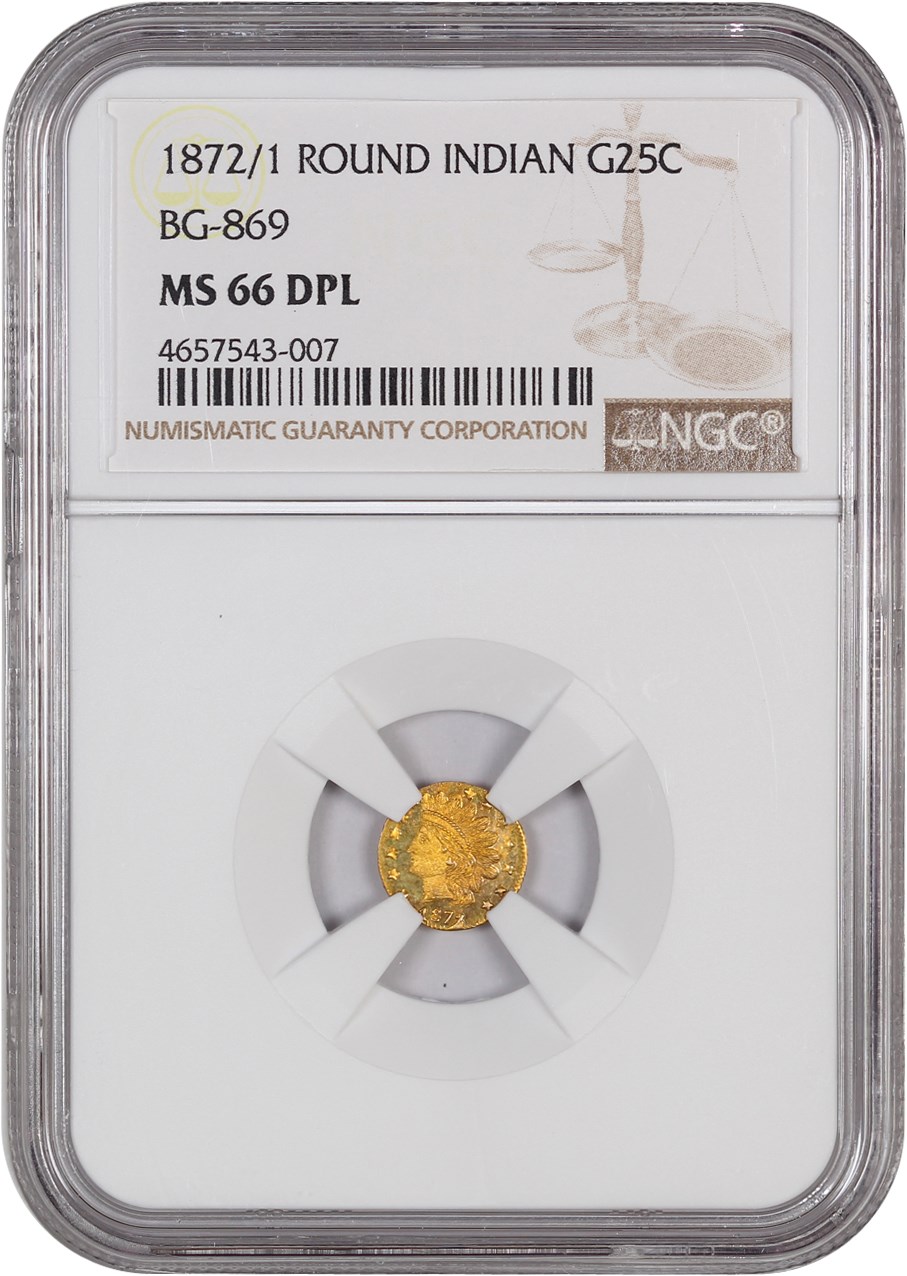 image for: 1872/1 Cal. Gold 25c NGC MS66 DMPL (BG-869)