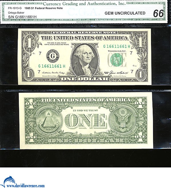 image for: Fr.1913G 1985 $1  CGA Gem CU66  [G16611661H] *Fancy Serial* 