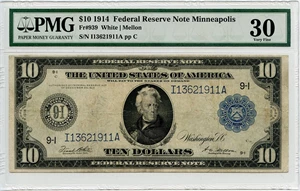 image for: FR. 939 1914 Blue Seal $10 Federal Reserve Note Minneapolis PMG Very Fine 30