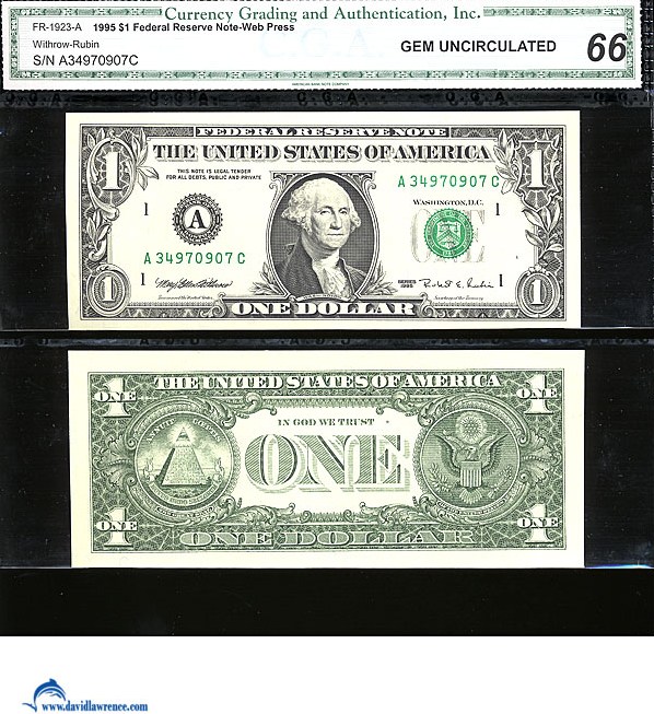 image for: Fr.1923A Bloc 1995 $1 Web press. Washington, DC CGA Gem CU66  [A34970907C]