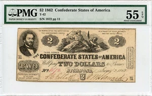 image for: FR. T42 1862 $2 Confederate States of America PMG About Unc 55 EPQ