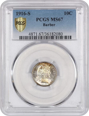 image for: 1916-S Barber 10c PCGS MS67