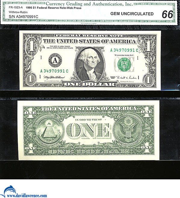 image for: Fr.1923A 1995 $1 Web press. Washington, DC CGA Gem CU66  [A34970991C]