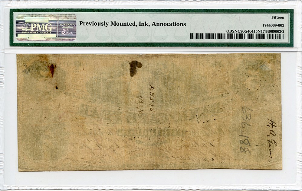 image for: FR. NC90G404 1850s-60s $5 Salem, North Carolina PMG Fine 15 (Previously Mounted, Ink, Annotated)