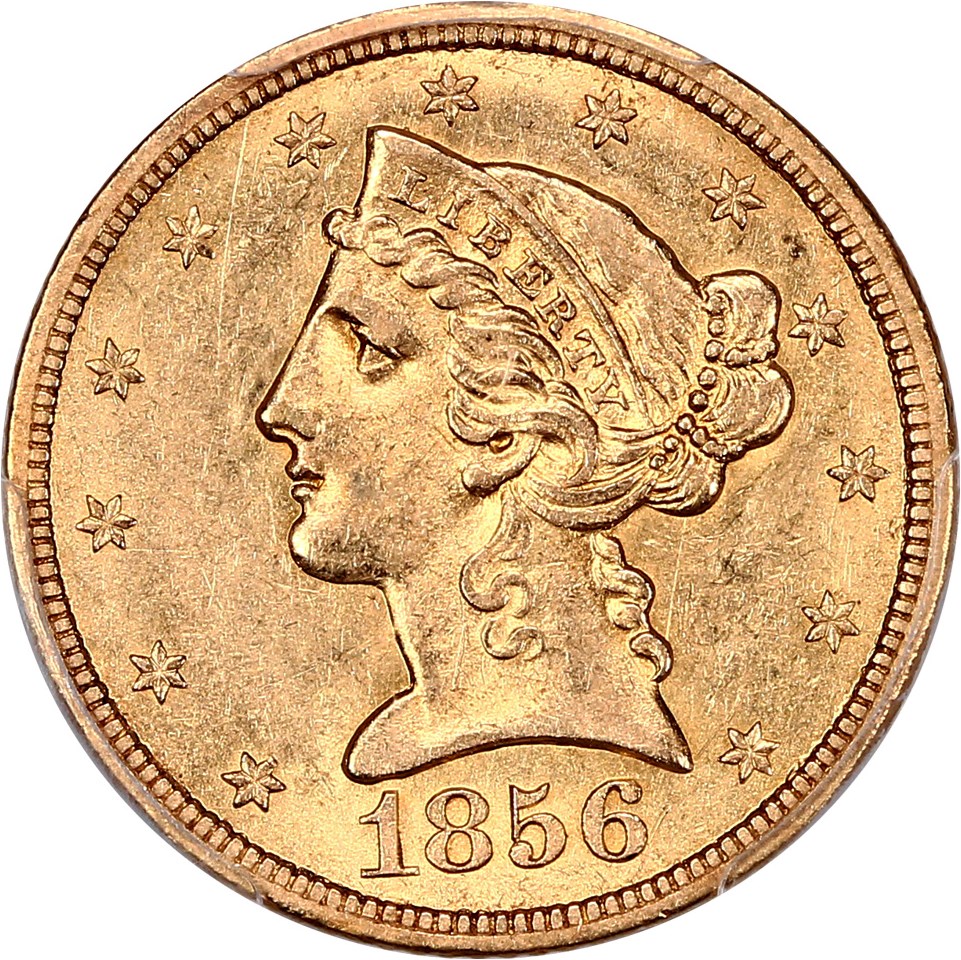 image for: S.S. Central America: 1856-S $5 PCGS/CAC AU58 & Pinch of California Gold Dust 