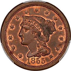 image for: 1855 1c PCGS/CAC MS64 RB (Upright 55)