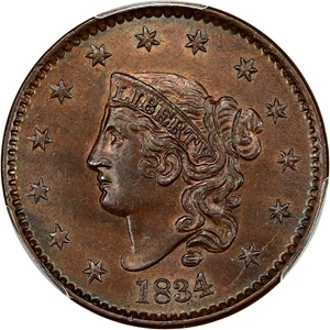 image for: 1834 1c PCGS MS63 BN (Large 8, Small Stars, Medium Letters)