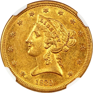 image for: 1839 $5 NGC/CAC AU58