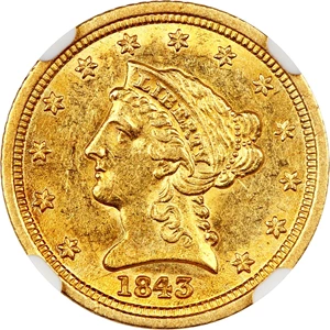 image for: 1843-D 2 1/2 NGC/CAC AU58