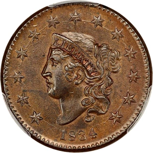 image for: 1834 1c PCGS/CAC MS63 BN (Small 8, Large Stars, Medium Letters)