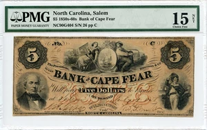 image for: FR. NC90G404 1850s-60s $5 Salem, North Carolina PMG Fine 15 (Previously Mounted, Ink, Annotated)