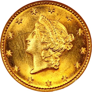 image for: 1849 G$1 NGC/CAC MS64 No L (Small Head, Open Wreath)